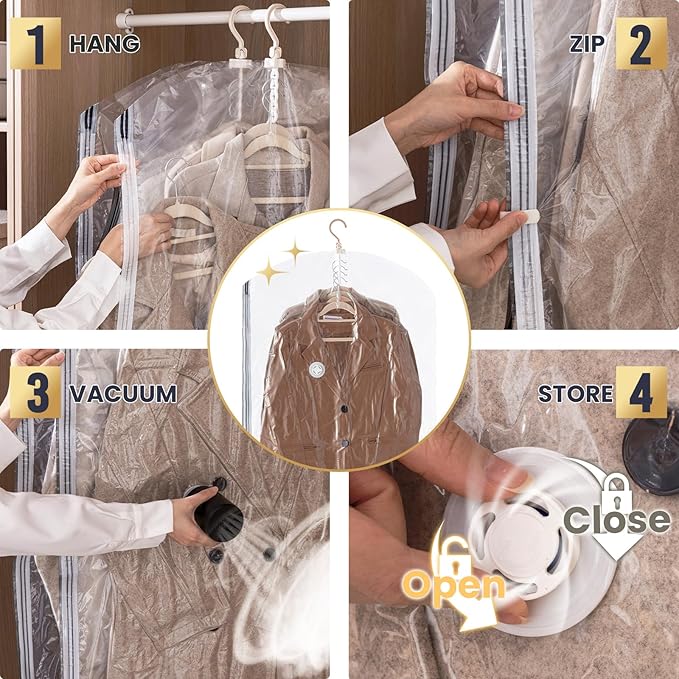 TAILI Hanging Vacuum Sealer Suction Space Saver Storage Bags for Clothes with Electric Air Pump And Rolling Slide Clip for Coats, Closet Organizers, 6 Long