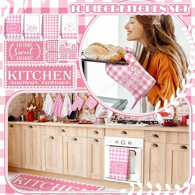 Fourluoo 10 Pcs Kitchen Set Kitchen Towels and Rugs Oven Mitts and Pot Holders Farmhouse Decor for Women Mom Gift Cooking Baking Grilling(Pink White)