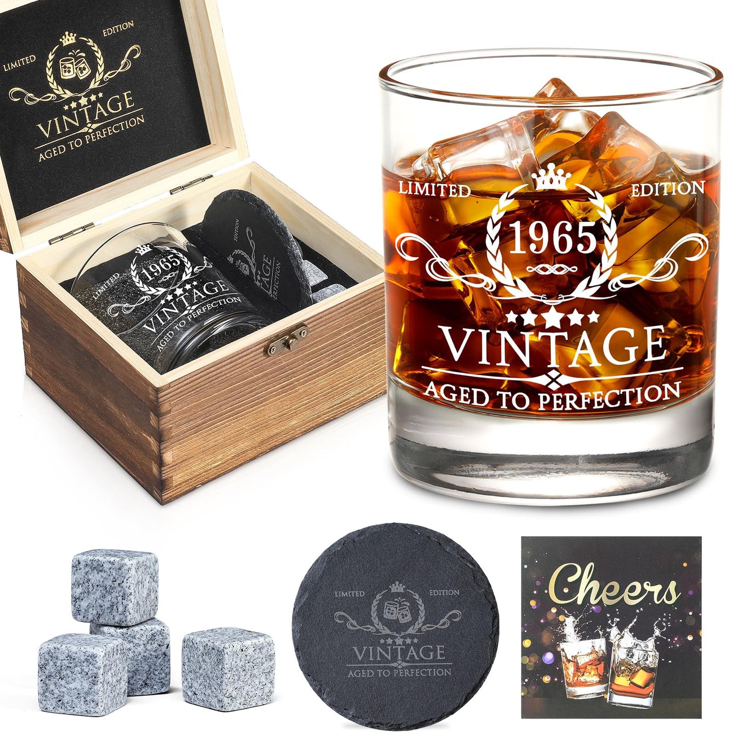 60th Birthday Gifts for Men Whiskey Glass Set - 60th Birthday Decorations, Party Supplies - 60 Year Anniversary, Bday Gifts Ideas for Him, Dad, Husband, Friends - Wood Box & Whiskey Stones & Coaster