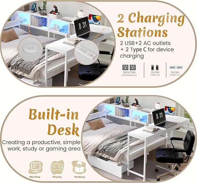 Full Corner Bed Frame with Desk, LED Lights & Charging Ports, L-Shaped Daybed with Storage Drawers, Bookcase & Open Shelves, Modern Full Size Daybed for Kids, Teens & Compact Bedrooms,White