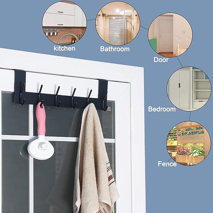 SKOLOO Over The Door Hook - 6 Hooks, No Assembly Required, Stainless Steel Door Hooks, Over Door Coat Rack for Hanging Coats Clothes Hats Robes, Black, Pack of 2