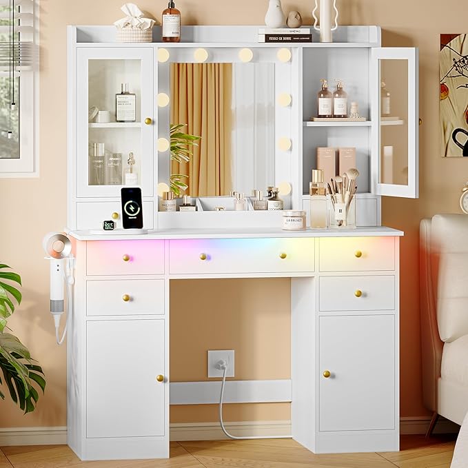 Makeup Vanity Desk with Mirror and Lights, White Vanity Table Set with Storage Drawers, Charging Station & Cabinets, Large Dressing Table with RGB Ambient Light for Women Girls Bedroom Bathroom