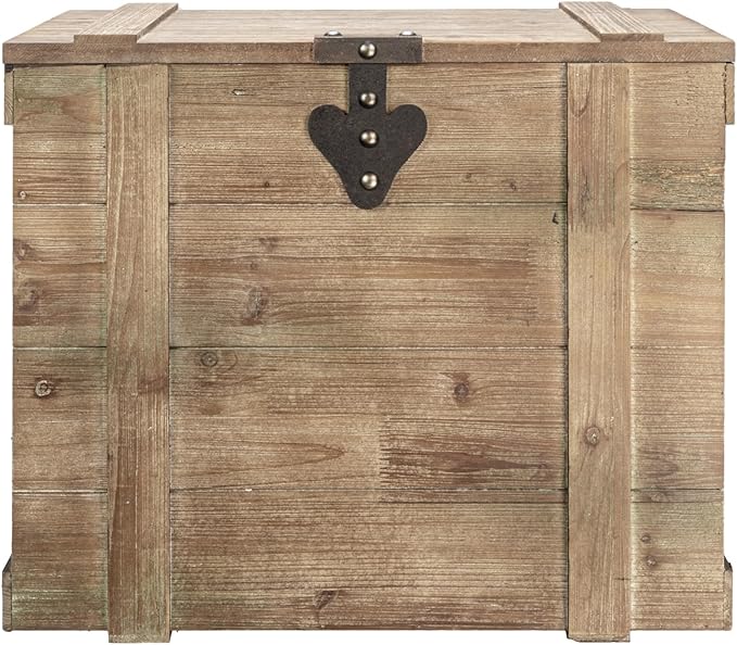 Household Essentials Antiqued Decorative Trunk, Large, Chinese Fir Panel and MDF, Smooth Backing and Metal Hinge Accent, Flat Top and Stay-Open Lid