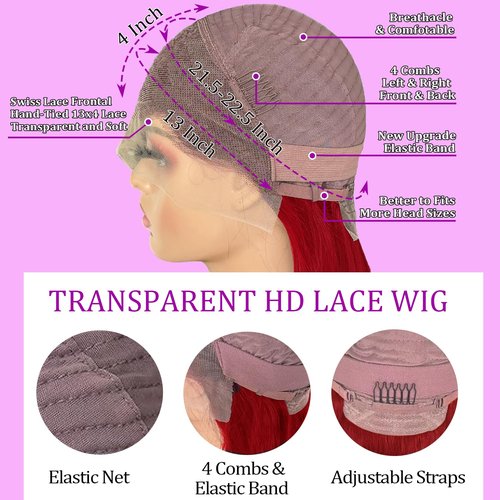 PANDA ANGEL Burgundy Lace Front Wigs Human Hair Straight Dark Red Colored 26 Inch 13x4 HD Lace Frontal Wigs for Women Human Hair Pre Plucked Red Burgundy Glueless Human Hair Wigs with Baby Hair