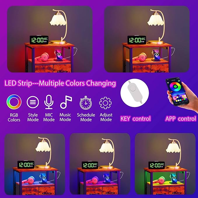 Furnulem Led Nightstand with Charging Station, Bedside Table with 3 Fabric Drawers and Storage Shelf, End Table with USB Ports and Outlets, Small Night Stand for Bedroom, Rustic Brown