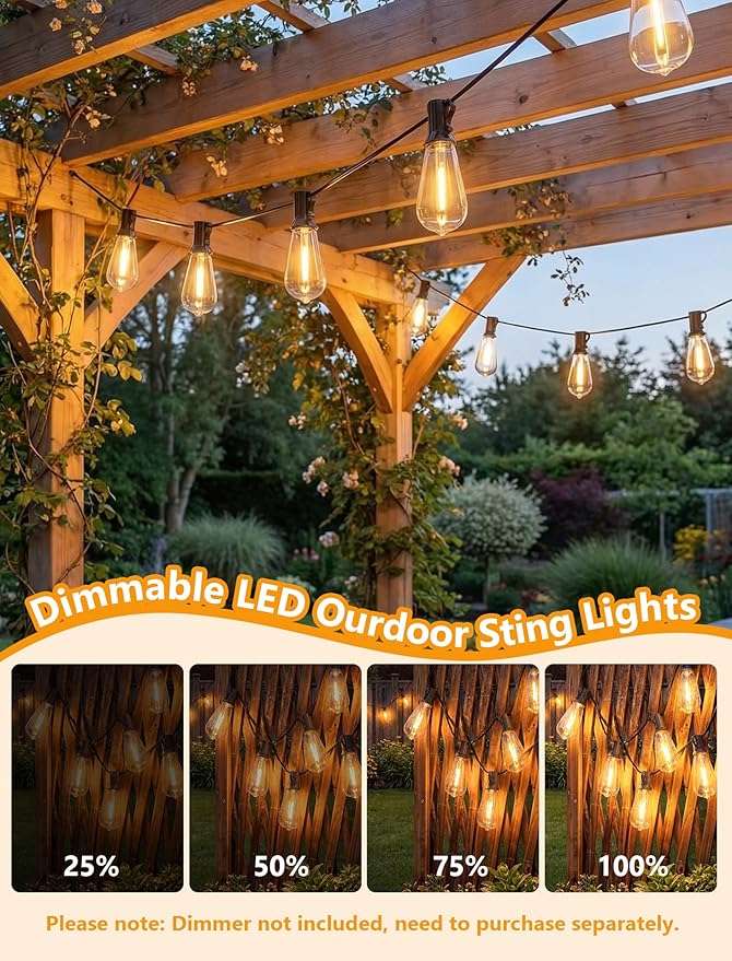 45FT Outdoor String Lights, 30 ST40 Shatterproof Vintage Edison Bulbs, Black Cord Waterproof LED Plug-in Commercial Patio Light, Hanging Decor for Large Backyard Wedding