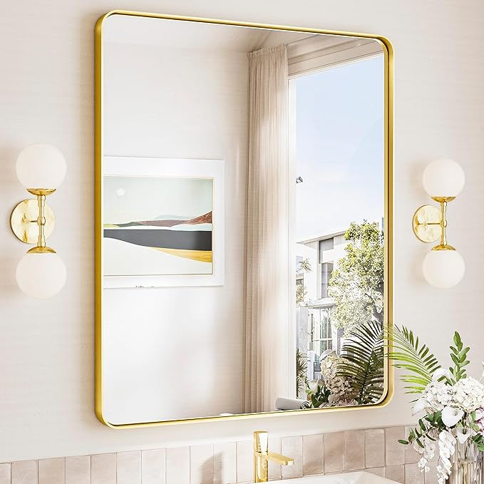 TokeShimi 30x36 Brushed Gold Mirror for Bathroom,Modern Bathroom Vanity Mirror,Tempered Glass,Gold Aluminum Framed Mirror(Horizontal/Vertical)