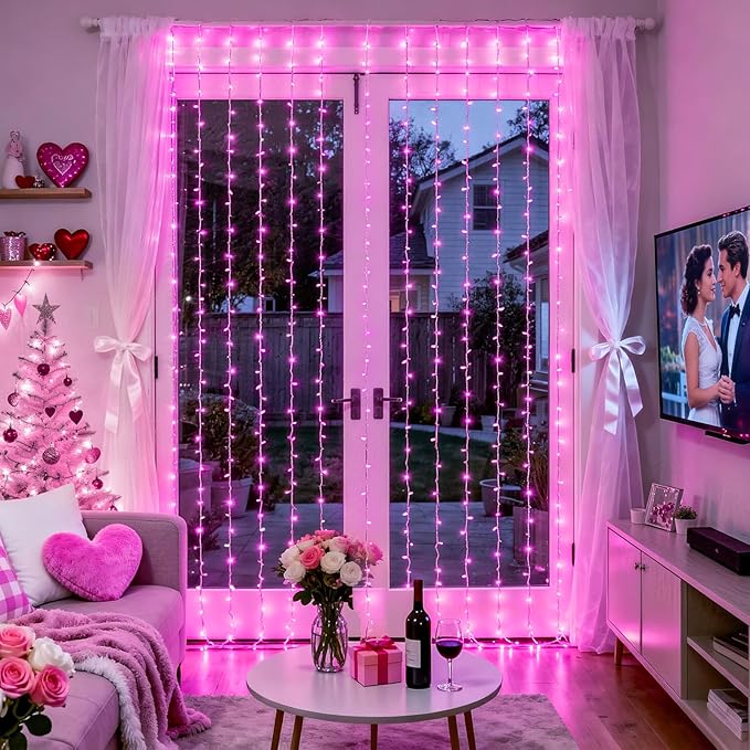 JMEXSUSS 300 LED Curtain Lights Plug in with Remote, Pink String Lights for Bedroom, Christmas, Window, Wall, Party, Teen, Girls' Room, Dorm, Valentine's Day Indoor Outdoor Decor, 9.8X9.8ft