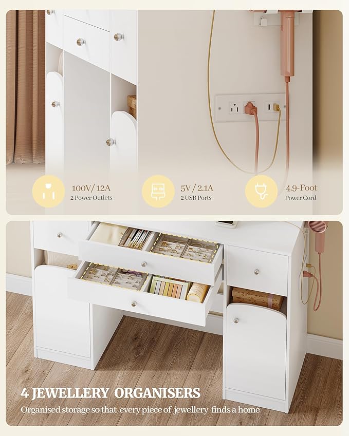 Vanity Desk with Mirror, Makeup Vanity with Led Lights,Dressing Table with Power Strip, 4 Drawers, 42.5'' Large Tabletop, 2 Open Storage Cabinets, with Jewelry Storage, White