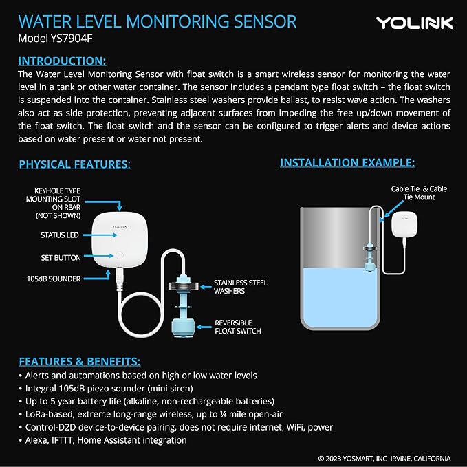 YoLink LoRa Water Level Monitoring Sensor Starter Kit: 1 YoLink Hub & Wireless Battery-Powered Float Switch Alarm, Sump Pump Alarm, AC Condensate Overflow, Tank Level, Toilet Leak Sensor, 105dB Siren
