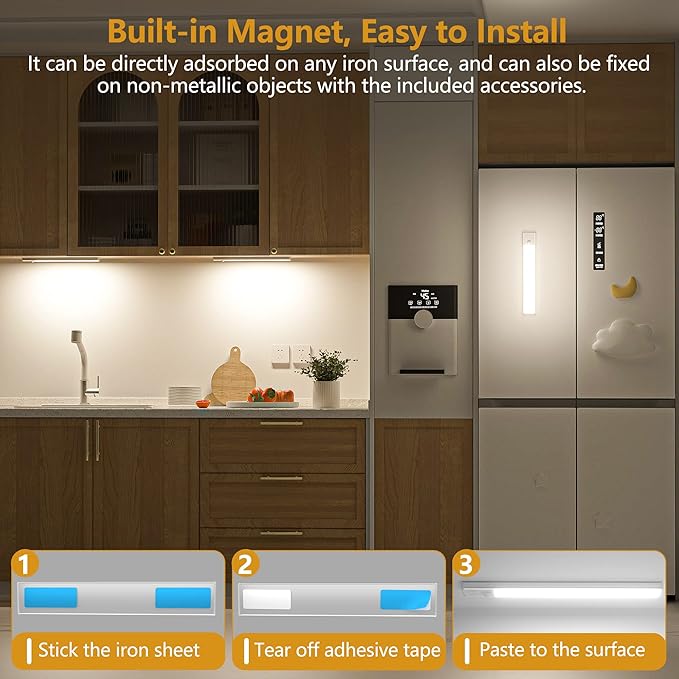 Under Cabinet Lights Motion Sensor 3 Color Temperatures LED Closet Light, USB-C Rechargeable Under Counter Lights Night Light for Kitchen, Wardrobe (Silver - 3 Color, 8.07 Inch - 3 Pack)