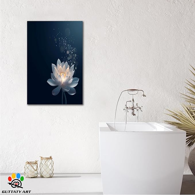Zen Lotus Canvas Wall Art, Black White Zen Bathroom Wall Art Lotus Picture, Floral Spiritual Meditation Painting Artwork, lotus flower pictures bathroom decor zen painting for Yoga Spa 12x18 inch