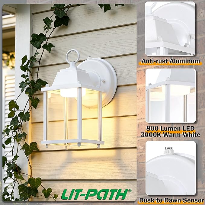 LIT-PaTH Small Outdoor LED Wall Lantern with Dusk to Dawn Photocell, 3000K Warm White, 9.5W, 800 Lumen, Aluminum Housing Plus Glass, Outdoor Rated, 1-Pack, White