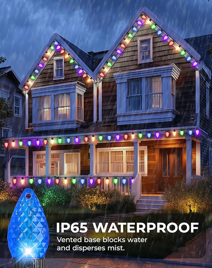 Patriotic Decorations - Smart C9 Christmas Lights Outdoor RGB, 66Ft 100 LEDs Dynamic 4th of July Decorations DIY Chasing Effects APP Remote Controlled, Waterproof, Music Sync Lights for Roofline Fence