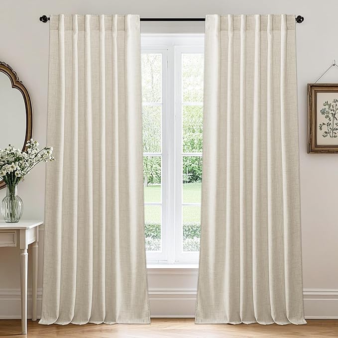 RYB HOME Living Room and Dining Room Curtains and Drapes Linen Sheer, Light Filtering Curtains 96 inches Long, Back Tab/Rod Pocket, Cream Colored, W 52 x L 96 inches, 2 Panels Set
