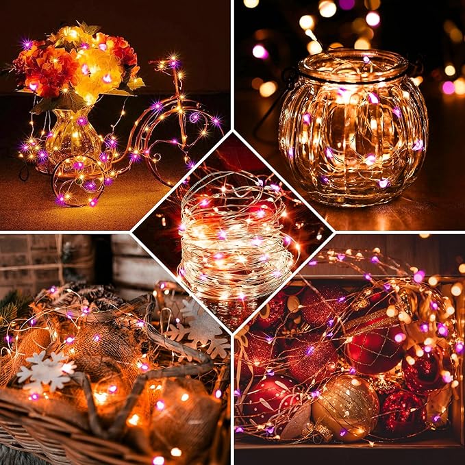 Aogist 100 Pack Fairy Lights 3 Modes 7ft 20 LED Waterproof,Battery Operated Silver Wire Firefly Starry Moon Mini String Lights for Mason Jars Christmas DIY Crafts Wedding Party Bedroom,Orange&Purple