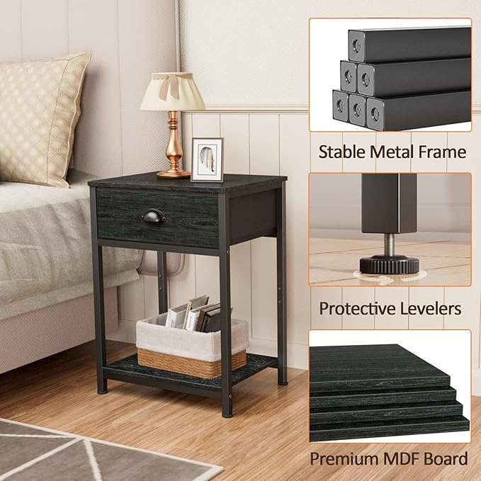 Furologee Nightstands Set of 2, Industrial End Table with Fabric Drawer&Storage Shelf, Small Bedside Table Organizer for Small Space for Living Room, Tall 23.6" Night Stand for Bedroom, Black Oak