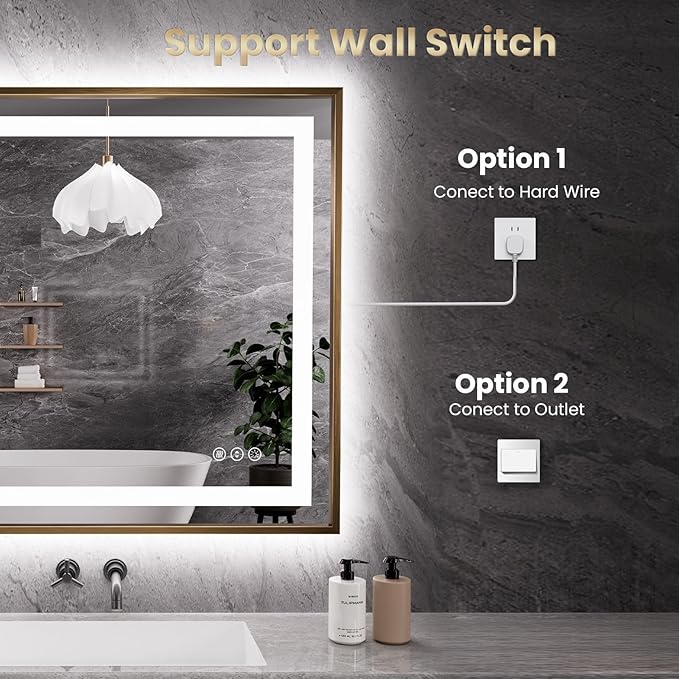 Amorho 44"X36" LED Bathroom Mirror, Golden Metal Framed Mirror with Front Light and Backlit, Stepless Dimmable, Anti-Fog, Shatter-Proof, Memory, 3 Colors