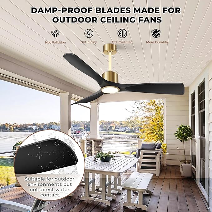 Ceiling Fan with Light and Remote Control, 52" Outdoor Ceiling Fan for Patios, Bedrooms & Living Rooms - Matte Black & Gold