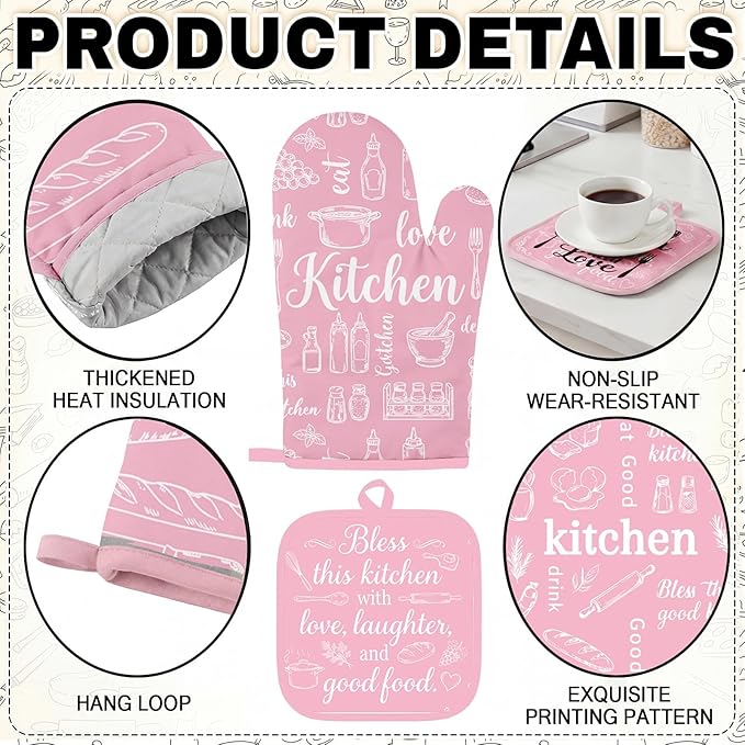 Pink Kitchen Accessories Set 10 Piece - Cute Baking Theme Kitchen Towels, Rugs, Oven Mitts and Pot Holders - Happiness is Homemade Retro Decor Gift for Baker, Mom, Women