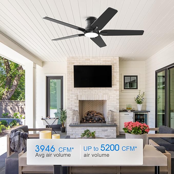 52 Inch Black Ceiling Fans with Lights and Remote, Flush Mount Low Profile Ceiling Fan for Bedroom, Living Room, Patio, Dimmable 6 Speeds Noiseless Reversible, ETL Listed