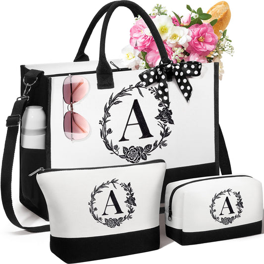 Personalized Mothers Day Gifts for Women, Initial Canvas Tote Bag & Makeup Bag Monogrammed Beach Tote Bag for Women w/Zipper, Birthday Gifts for Women Mom Her Girlfriend Wife Sister Friend Daughter