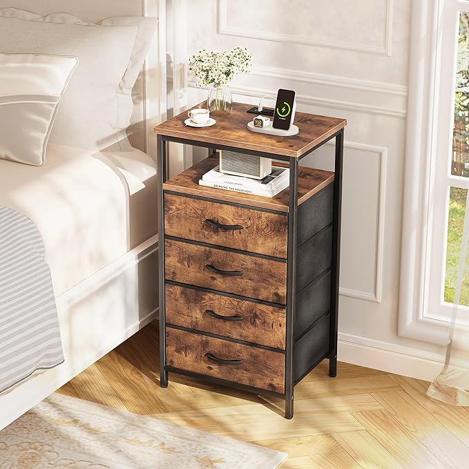 Huuger Night Stand with Charging Station, 4 Drawer Dresser for Bedroom, Bedside Table, 33.9 Inch Tall Nightstand with Open Shelf, End Table, for Closet, Entryway, Bedroom, Rustic Brown