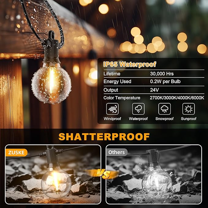Outdoor String Lights, 100FT 4-Color LED Patio Lights with 50 Shatterproof G40 Globe Bulbs, Waterproof Hanging Lights for Outside, Backyard, Porch, Balcony, Gazebo, 2700K/3000K/4000K/6000K