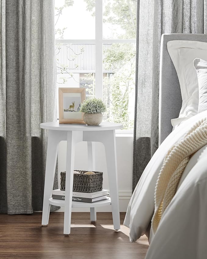 VASAGLE MAEZO Collection - Side Table, 2-Tier Small Round End Table, Nightstand with Tapered Legs, Curved Transitions, for Small Spaces, Living Room, Bedroom, Cloud White ULET283T14