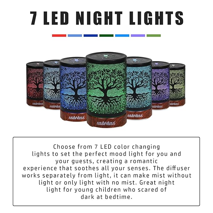 ASAWASA Diffusers for Essential Oils, Essential Oil Diffuser with Waterless Auto Shut-Off, Metal Art Aromatherapy Humidifier with Multicolor Changed Night Light,Ideal for Home Gifts Spa Yoga (Banyan)