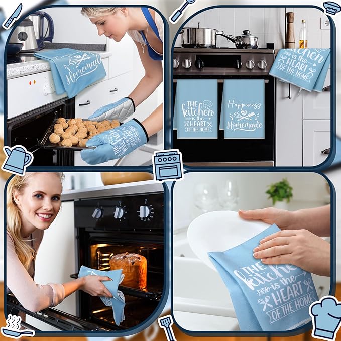 Sratte 6 Pcs Kitchen Decor Accessories Set Farmhouse Towels Pot Holders Oven Mitts Set 2 Dish Towels 2 Potholders 2 Cooking Mittens Oven Glove for Christmas Baking Cooking Supply(Light Blue,Kitchen)