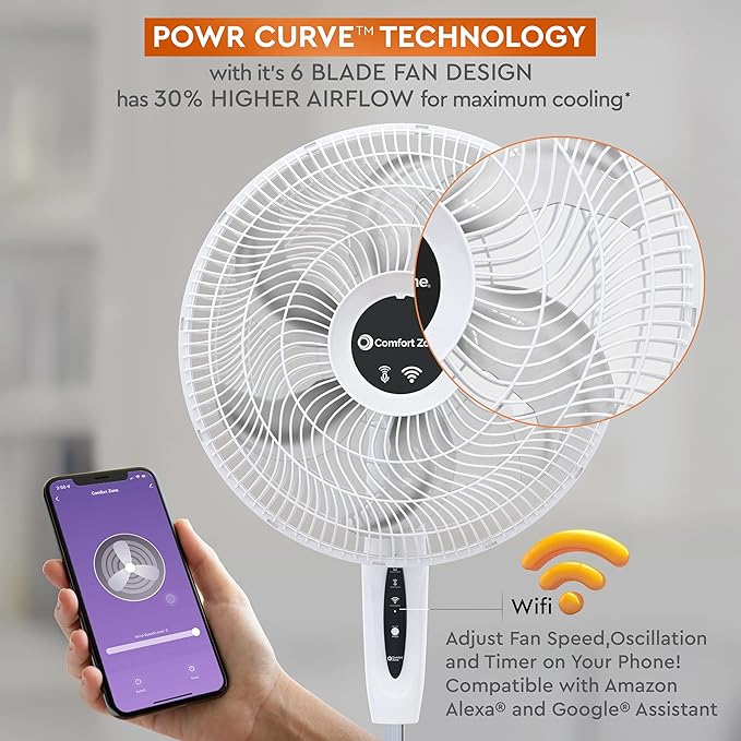 Comfort Zone 18-Inch Smart WiFi Oscillating Stand Fan, 3-Speed Wall-Mountable Fan with Voice Control, Full-Function Timer & Adjustable Stand up to 53 Inches, Quiet Tri-Curve Technology