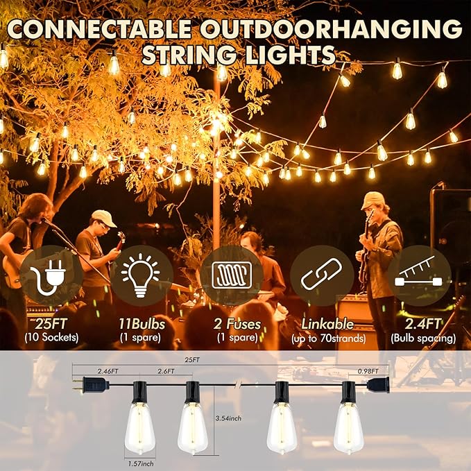 25FT Outdoor String Lights, ST38 Patio Lights with 10+2 LED Bulbs Shatterproof Energy Saving, Outside Hanging Globe Lights for Bistro Backyard Garden Pool Porch