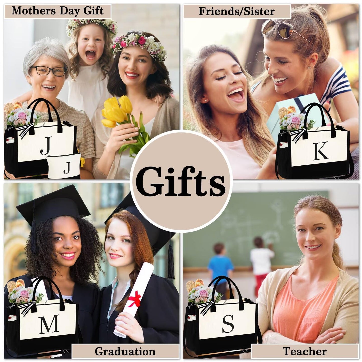 YOOLIFE Personalized Birthday & Mothers Day Gifts For Mom Friends Female Teacher Graduation Bridal Shower Bridesmaids Proposal Gifts Travel Beach Initial Tote Bag for Women J
