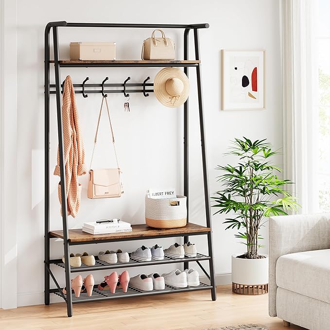Coat Rack Hall Tree with Shoe Storage Bench, 4-in-1 Entryway Organizer, 6 Hooks & 3-Tier Shoe Rack, Freestanding Metal Frame for Hallway, Front Door