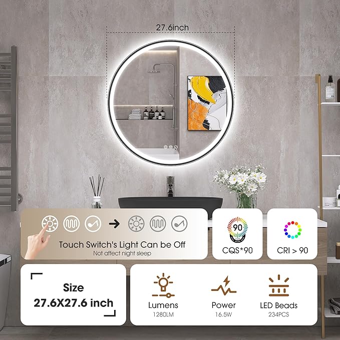 STARLEAD 28" Black Frameless Round LED Bathroom Mirror with Bluetooth Speaker, Dimmable Lighting, 3 Color Modes, Anti-Fog, Touch Control Wall Mounted Vanity Mirror