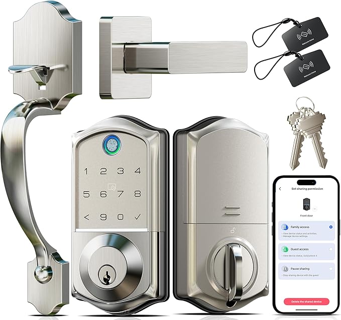 Veise VE017-H Fingerprint Smart Front Door Lock Set, App Control, 8-in-1 Keyless Entry Deadbolt with Zinc Alloy Handles, Emergency Power Port, Touchscreen Keypad, Auto Lock, Easy Install, Satin Nickel