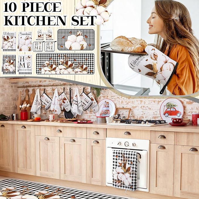 Fourluoo 10 Pcs Kitchen Set Kitchen Towels and Rugs Oven Mitts and Pot Holders Farmhouse Decor for Women Mom Gift Cooking Baking Grilling