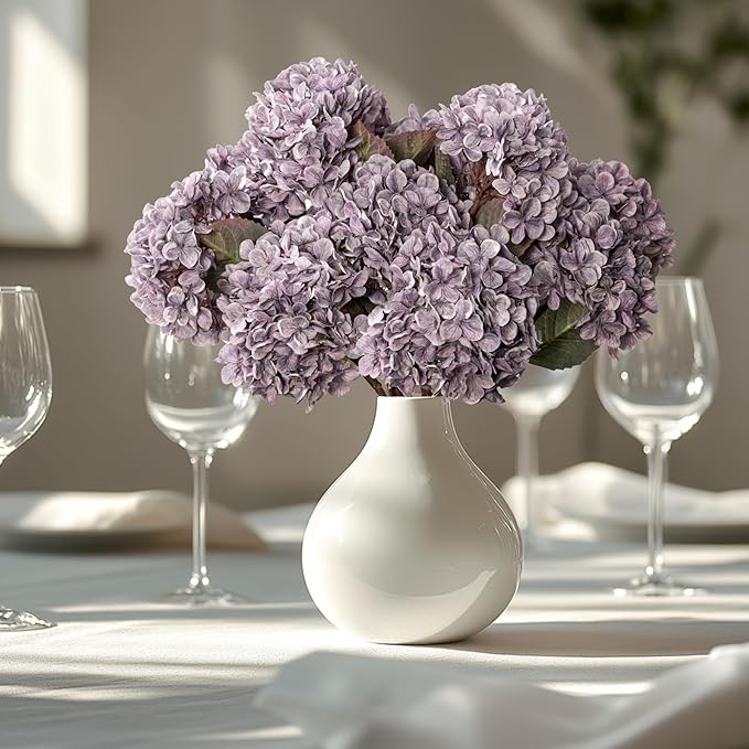 Artificial Flower Fake Silk Hydrangea Heads Bouquet With Stems Bulk for Fall Decoration Table Center Christmas Indoor Outdoor Faux Decorations Floral Realistic With Leaves Plants Craft(Grayish Purple)