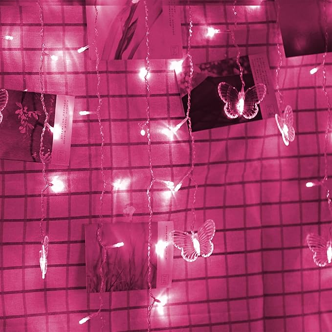 Decorman Butterfly Curtain Lights, 4.9ft 48 LED USB Window Fairy Lights 10 Butterflies 8 Modes Firefly Twinkle String Lights for Room Bedroom Wall Ceiling Party Wedding Christmas (Pink)
