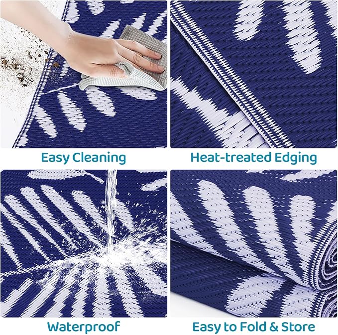 StepRite Outdoor Rug, Patio Rug, Plastic Straw Camping Rugs, Large Waterproof Area Rug and Mat for Outdoors, RV, Patio, Backyard, Deck, Porch, Beach, Balcony, (8'x 10', White & Blue)