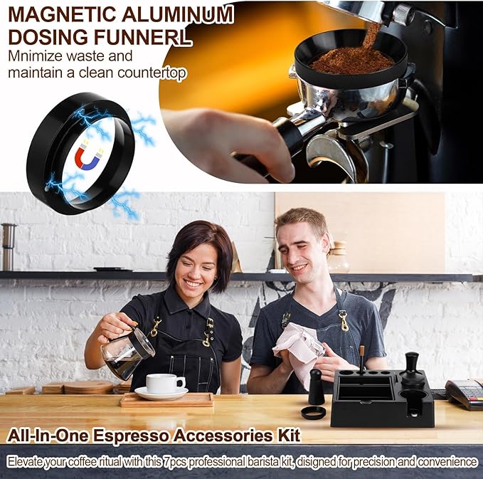 7pcs Espresso Accessories Kit 51/58/53mm Tamping Station Machine Accessories Spring Loaded Calibrated Tamper Wdt Espresso Tool and Dosing Funnel Set Distributor and Tamper Leveler(51mm)