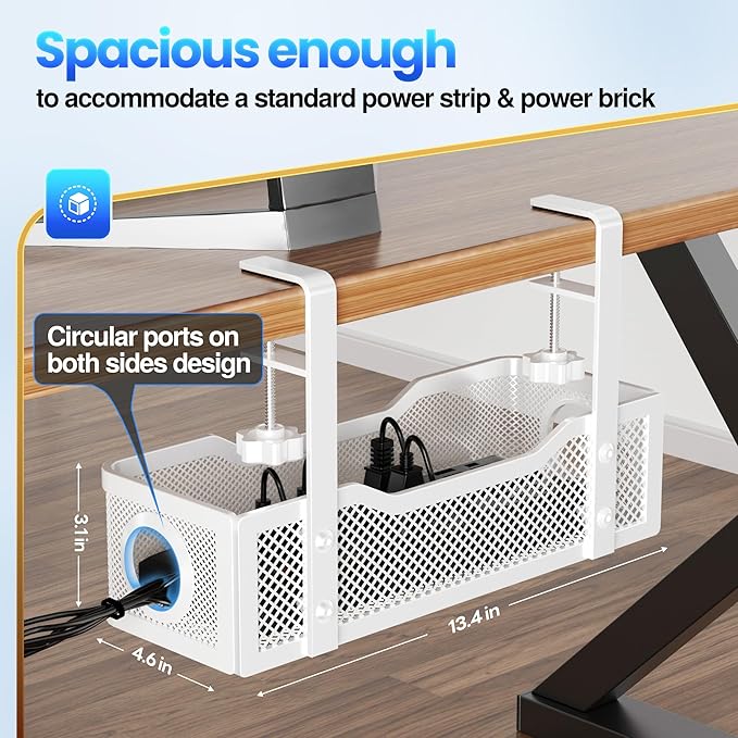Cable Management Under Desk Tray, No Drill Cable Management Box with Clamp for Wire Organization, Cord Organizer for Office, Home - No Damage to Desk (White)