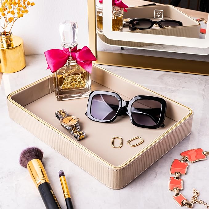 Perfume Tray Valet Tray Night Stand Bedside Organizer| Perfume Organizer Catchall| Perfume Trays for Dresser Vanity Tray for Dresser Countertop| Perfume Holder Nightstand Organizer Women (Beige)