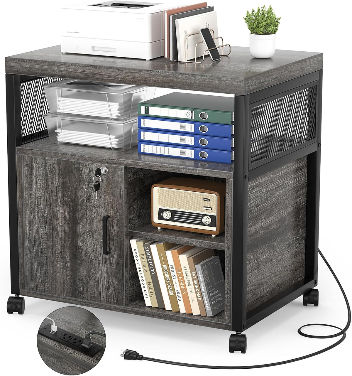 Unikito Rolling File Cabinet Lateral Office Filing Cabinets with Socket and USB Charging Port, Modern Printer Stand on Wheels Printer Cabinet with Door and Open Storage, Lockable, Black Oak
