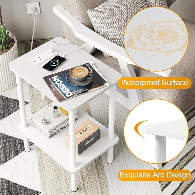 Apicizon 2 Tier End Table, Small Side Table with Charging Station, Boho Bedside Table with USB Ports and Outlets, Nightstand for Small Spaces, Bedroom, Living Room, Entryway, Easy Assembly, White