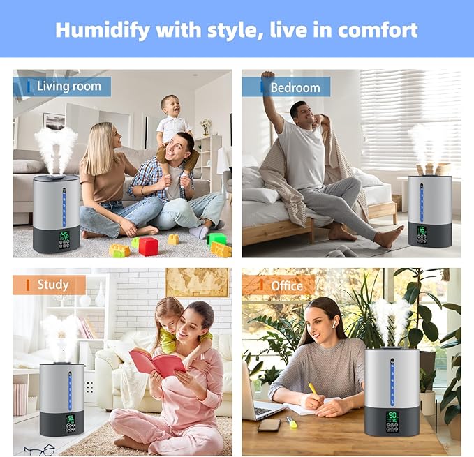 6L Humidifiers for Bedroom Large Room Home,Cool and Warm Humidifier for Baby and Plants Mist Top Fill Desk Humidifiers Essential Oil Diffuser, Quiet with Adjustable Mist,360°Nozzle-Grey