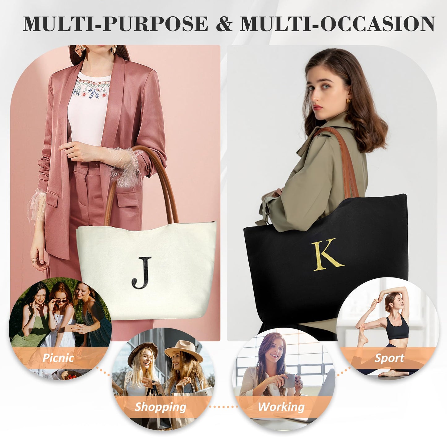 YOOLIFE Personalized Gifts for Women - Birthday Gifts for Women, Teacher Appreciation 30th 40th 50th 60th Birthday Gift for Female Teacher Mom Sister Friend, M Initial Black Canvas Beach Tote Bag