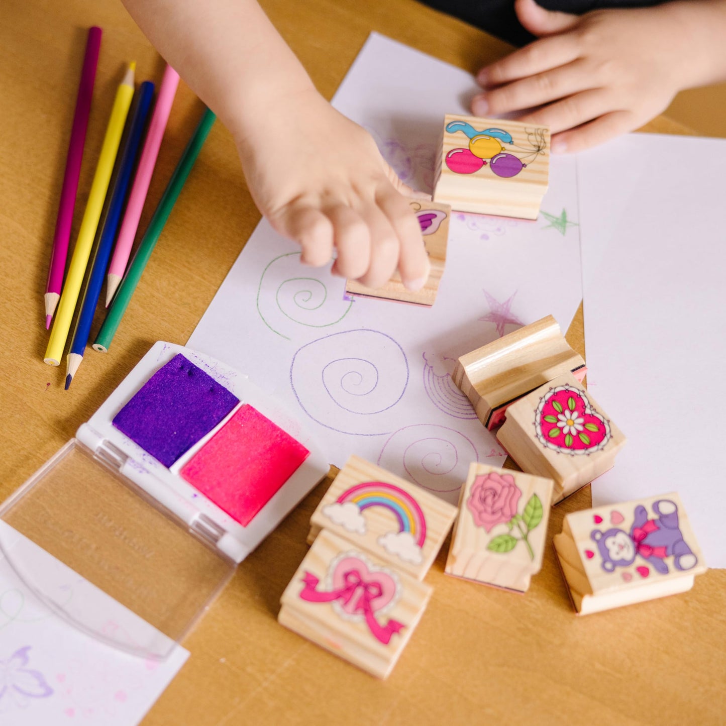 Melissa & Doug Wooden Stamp Set: Friendship - 9 Stamps, 5 Colored Pencils, and 2-Color Stamp Pad - FSC Certified