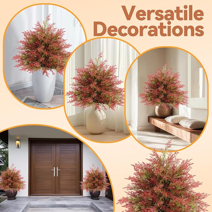 Artificial Topiary Ball Trees with Ground Spikes UV Resistant Faux Greenery Shrubs Fake Shrubs for Outdoors, Realistic Faux Plants Bushes for Garden Porch Yard Patio Decor (Red Green Cedar)